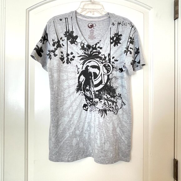 OP Ocean Pacific Small Shirt Top Gray Black Surfer Print Short Sleeve V Neck - Picture 1 of 5